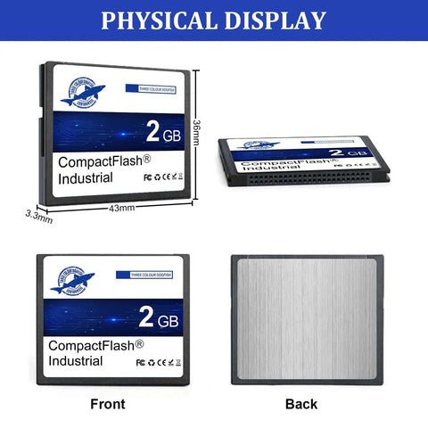 Built Different Rock Solid Compact Flash Memory Card 2GB Type I SLC NAND Industrial Grade Tough Storage For Vintage Cameras And Heavy Equipment Reliable FAT16 Format, front and back view.
