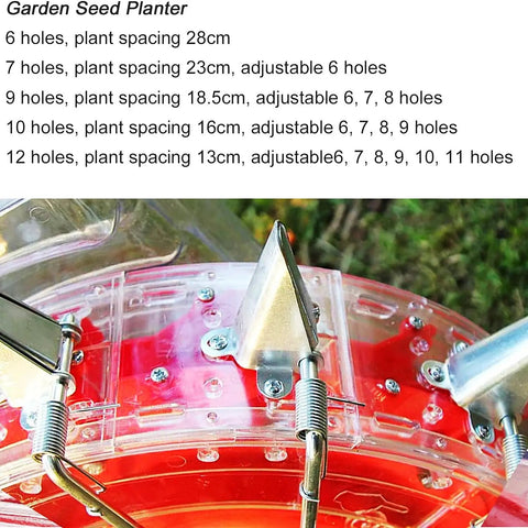 Hand Push Roller Seeder With Fertilizer Spreader, 12 hole seed tray, adjustable settings, close-up view of seed placement mechanism