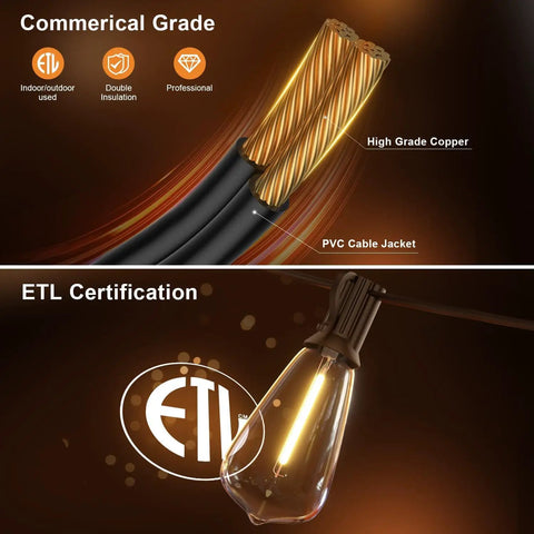 Commercial grade wiring and ETL certified ST38 bulb for 100Ft Outdoor String Lights Waterproof Patio Lighting With Clear Shatterproof ST38 Vintage Edison Bulbs Connectable Outdoor Hanging Lights For Backyard Porch Deck Balcony Garden 2700K Warm White No Remote Control Needed