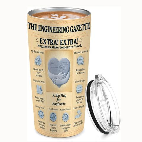 20 Oz Insulated Tumbler With Newspaper Inspired Blueprint And Circuit Design Stainless Steel Travel Mug Keeps Drinks Hot Ideal Gift For Engineers Students Graduates PEs And EITs Retirement And Appreciation close-up with lid.