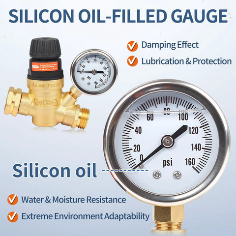 Front view of OULEME RV water pressure regulator with gauge, brass lead-free body, 3/4-inch connector
