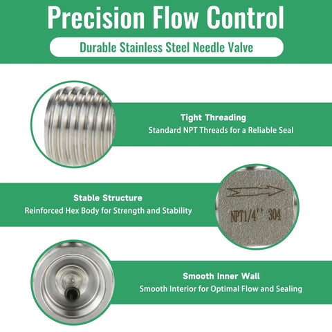 Angry Pony needle valve, stainless steel 304, NPT 1/4 in male straight, high-pressure flow control valve