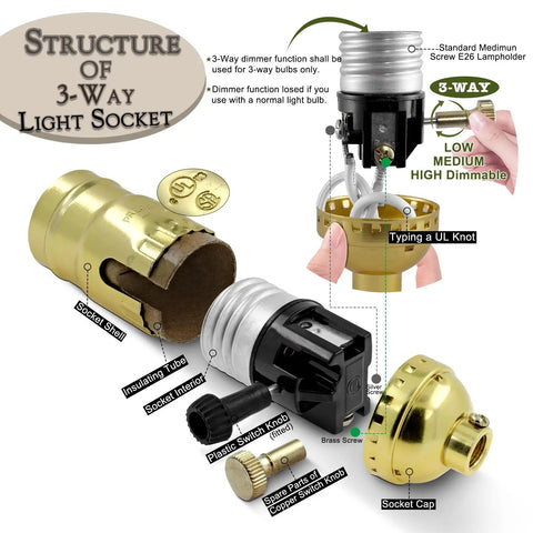 Structure of 3-Way Light Socket components including gold socket shell, switch knob, and insulating tube for custom lamp making.