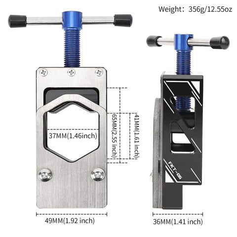 Front and side view of pro grade aluminum alloy bike saw guide, adjustable for precise fork, handlebar, and seat post cuts.