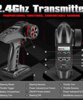2.4GHz transmitter for Fast Off Road RC Car 1/12 Scale 4WD Brushless Truck, showing controls and indicators for navigation.