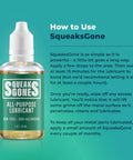 SqueaksGone Lubricant 1 Oz bottle with usage instructions for hinges, garage doors, sewing machines, bike chains, made in USA.