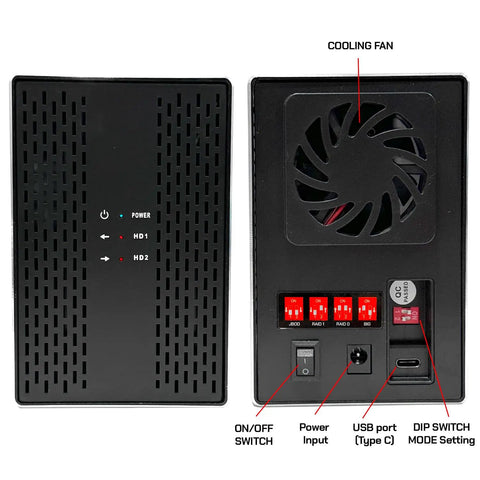 Top Shelf Dual Bay Usb 3.0 External Hard Drive Yields Knockout 44Tb Storage rear view showing cooling fan, USB port and switches.