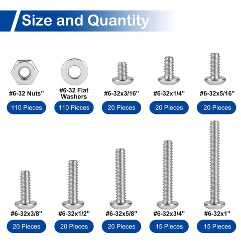 Heavy Duty 6-32 Phillips Pan Head Machine Screw Kit Featuring Three Hundred Seventy Top Shelf 304 Stainless Steel Fasteners, includes nuts, washers, and various screw lengths.
