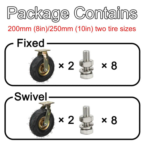 Hardcore Heavy Duty Pneumatic Rubber Caster Wheels 2 Pack Industrial Grade 8 Inch or 10 Inch fixed and swivel wheels with hardware.