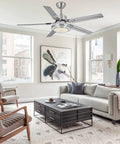 Ceiling Fan With Lights Remote Control And App, Modern Minimalist Smart Ceiling Fan, Six Speeds, Three Color Dimmable Light, Brushed Nickel 52 Inch Stainless Steel Five Blades installed in a modern living room.