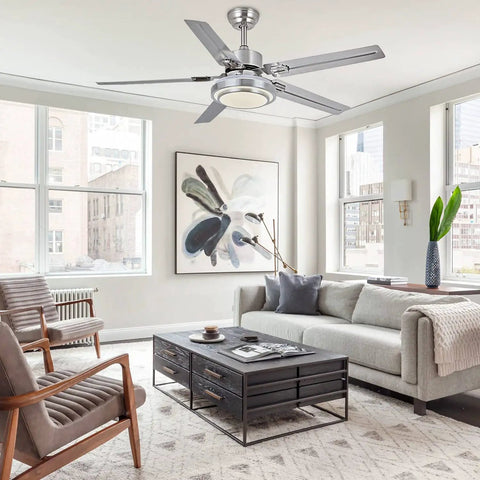 Ceiling Fan With Lights Remote Control And App, Modern Minimalist Smart Ceiling Fan, Six Speeds, Three Color Dimmable Light, Brushed Nickel 52 Inch Stainless Steel Five Blades installed in a modern living room.