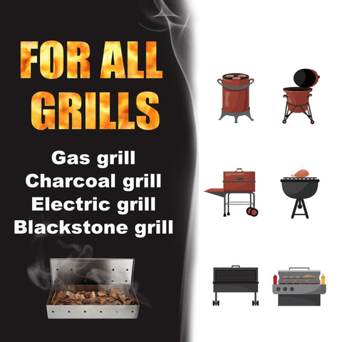 Heavy Duty Wood Chip Smoking Box For Gas Grills And All Grills, Thick Stainless Steel Construction next to grill icons