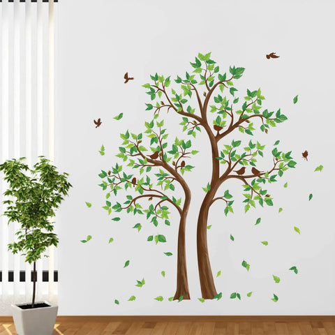 Green Tree Wall Stickers With Flying Leaves And Birds For Bedroom And Living Room TV Background Decor Waterproof And Easy To Peel