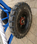 Beast Mode Heavy Duty Utility Pole Dolly With 2 Wheels For Concrete Power Poles And Site Transport Cart, Sturdy Welded Steel Frame, Thick Pneumatic Tires, Portable Hand Cart For Quick, Easy Pole Handling On The Job, blue steel frame with thick pneumatic tire close-up
