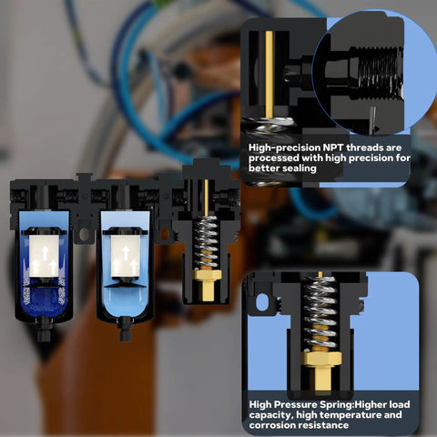Close-up of 3/8 NPT Air Drying System With Dual Regulator and 5 Micron Filter Cartridges showing precision NPT threads and pressure spring.