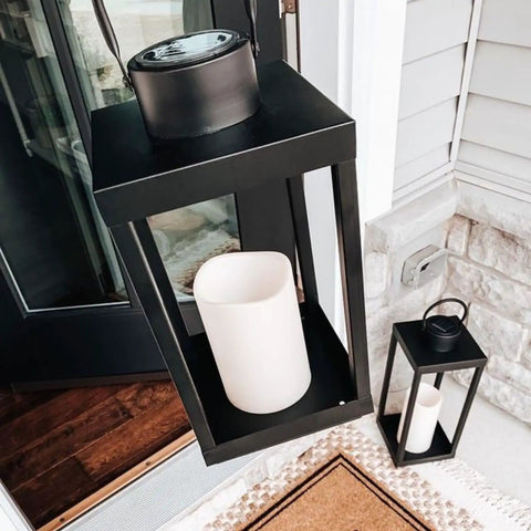 Outdoor Solar Lantern For Porch And Patio, Large Black Metal Lantern With Waterproof LED Candle, No Glass, 14 Inches