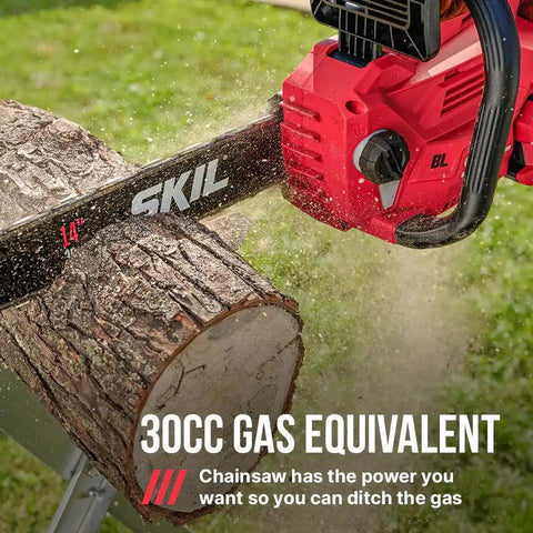 No Fuss 40v Cordless Chainsaw With Brushless Motor And Auto Lubrication Features Tool Free Adjustment Comes Loaded Up With Rapid Charge Battery cutting through log