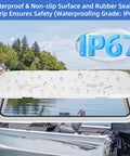 White Rectangle Boat Hatch Lid 24 By 14 Inch Deck Access Door Cover For Bass Boat John Boat Fishing Skiff Sailboat Yacht And RV Camper Van Durable Weatherproof Two Pack shown with waterproof rating IP67.