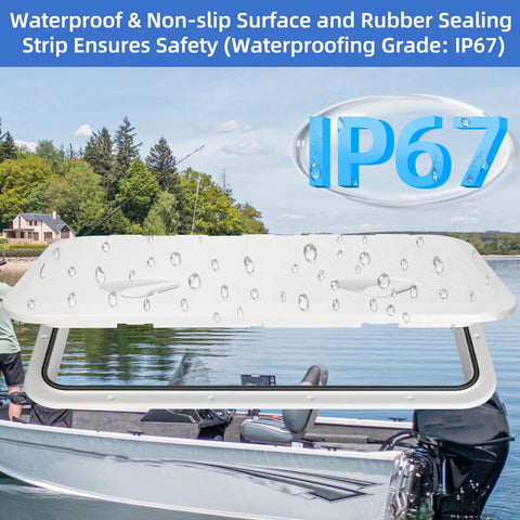 White Rectangle Boat Hatch Lid 24 By 14 Inch Deck Access Door Cover For Bass Boat John Boat Fishing Skiff Sailboat Yacht And RV Camper Van Durable Weatherproof Two Pack shown with waterproof rating IP67.