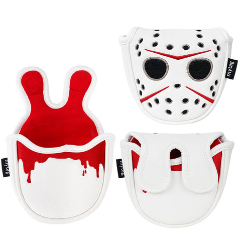 Center Shaft Mallet Putter Head Cover With Hockey Mask Style And Strong Magnetic Closure, Durable Golf Club Protection, white and red design