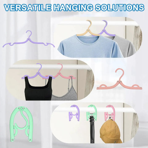 10 Pack Travel Hangers for Cruises and Trips holding various garments in a wardrobe, showcasing space-saving foldable design.