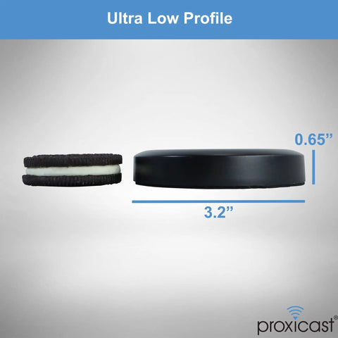 Slick Hardcore Low Profile Mimo 4G 5G Omni Directional Screw Mount Puck Antenna For Verizon At And T Mobile Modem Boost With Sma Jack Vandal Resistant Design, side view with size comparison to Oreo cookie.