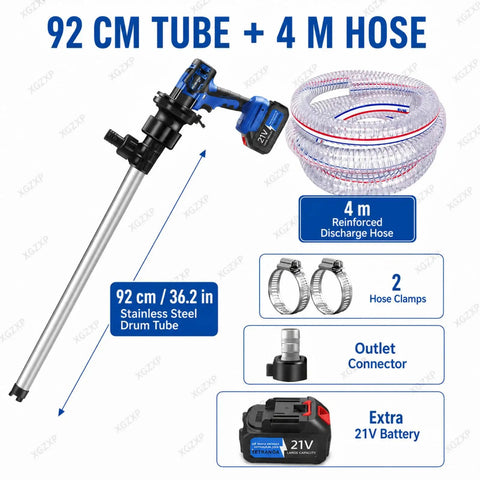 Cordless Electric Oil Drum Pump With 92Cm Stainless Steel Tube For Diesel And Kerosene Transfer. Includes 4M Hose, Two Batteries, And Delivers Up To 60 L/Min Flow Rate For Easy Fuel Moving Jobs Around The Garage