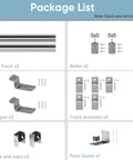 Package contents of 8 Foot Box Rail Exterior Sliding Barn Door Hardware Kit including tracks, rollers, stoppers, and brackets.