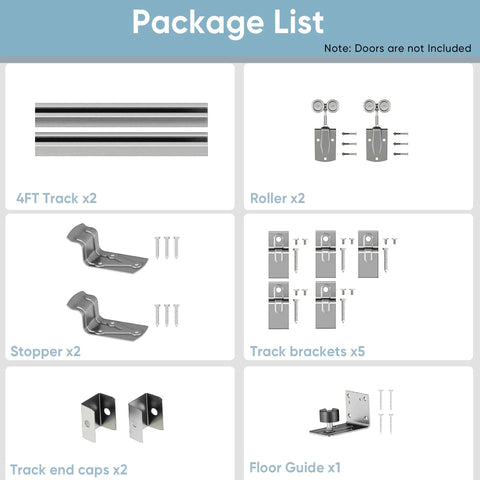 Package contents of 8 Foot Box Rail Exterior Sliding Barn Door Hardware Kit including tracks, rollers, stoppers, and brackets.