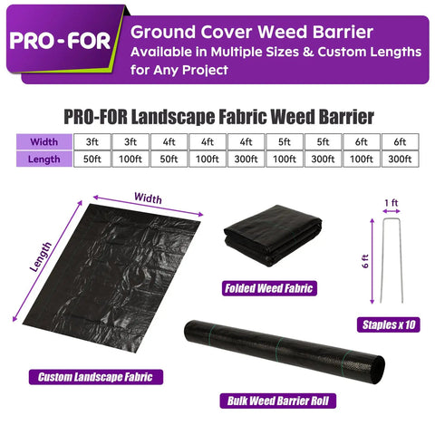 Heavy Duty Weed Barrier Fabric 3 Ft By 50 Ft Woven Ground Cover displayed with folded and rolled fabric, U-shaped pegs.