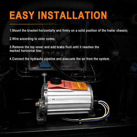 Heavy Duty Electric Hydraulic Brake Actuator 12 Volt Disc Brake Converter Kit 1600 Psi Switch Sealed Aluminum Build showing installation instructions.