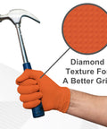 Built Tank Tough Heavy Duty 8 Mil Orange Nitrile Work Gloves Featuring A Diamond Textured Surface For Insane Grip And Maximum Puncture Protection In A Solid 50 Pack Perfect For Mechanics Who Want Real Deal Latex Free Gear Everyday, demonstrating grip with a hammer.