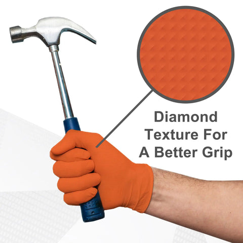 Built Tank Tough Heavy Duty 8 Mil Orange Nitrile Work Gloves Featuring A Diamond Textured Surface For Insane Grip And Maximum Puncture Protection In A Solid 50 Pack Perfect For Mechanics Who Want Real Deal Latex Free Gear Everyday, demonstrating grip with a hammer.