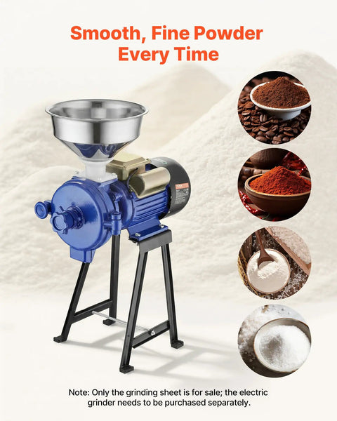 Two Pack Grinding Sheets For Electric Grain Mill Grinder Dry And Wet Grinding Discs Replacement Plates For GM002 Corn Spice Mill Built Tough Stainless Steel Easy Swap For Fresh Flavor, grinder shown with fine powder use