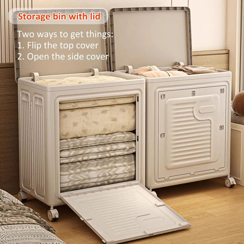 Roomy Foldable Clothes Storage Bin With Tight Seal Lid And Easy Roll Wheels, 125 Quart Heavy Duty Closet Organizer with opened lid and side cover.