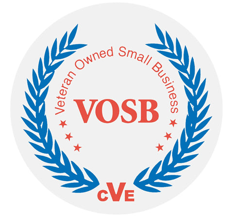 VOSB logo indicating Veteran Owned Small Business, surrounded by blue laurel leaves and stars.