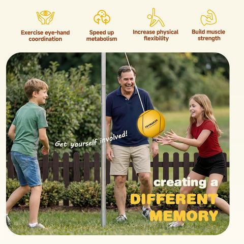 Family playing with Ultimate Tetherball Set With Ball, Rope And Carabiner For Backyard Fun in a garden setting