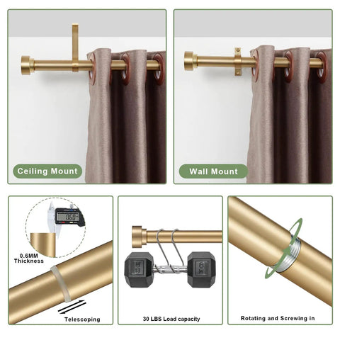 Adjustable 16 To 56 Inch Curtain Rod Set With 1 Inch Diameter Telescoping Splicing Structure Beefy Heavy Duty Pole In Warm Gold Finish Supports Up To 30 Lbs Durable Aluminum Brackets Modern Window Treatment Rod, shown in ceiling and wall mounts with load capacity demonstration.