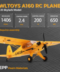 WLtoys A160 J3 RC Plane with specifications, yellow design, brushless 1406 motor, 2.4 GHz control, 650 mm wingspan