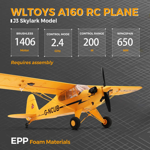 WLtoys A160 J3 RC Plane with specifications, yellow design, brushless 1406 motor, 2.4 GHz control, 650 mm wingspan