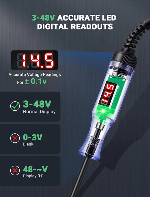 Digital Auto Test Light With 3 to 48V LED Readout and Voltmeter, Polarity Indicator, Stainless Probe, Garage Ready Car Electrical Tester for Fuses and Vehicle Diagnostics close-up
