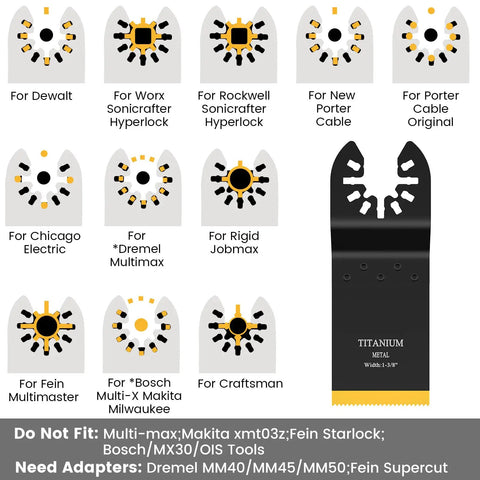 Titanium Coated Oscillating Multitool Blades Kit For Wood Metal Beefy Long Lasting Saw Blades Nail Screw Cutting Pro Grade Multi Tool Blades Set Fits Most Major Brands displayed with compatibility for various tool brands.