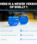 WiFi Smart Relay Switch 1 Channel UL Certified Up To 15A Remote Control for Home Automation, blue Shelly device front and back view