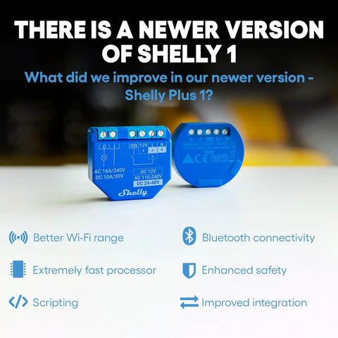 WiFi Smart Relay Switch 1 Channel UL Certified Up To 15A Remote Control for Home Automation, blue Shelly device front and back view
