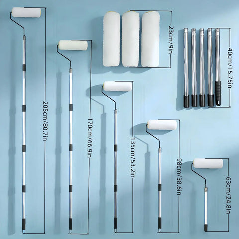 Roll Like A Pro Through Any Room With This Nine Inch Paint Roller Set Featuring Three Dense Microfiber Covers And A Thick 10MM Nap To Load Up On Paint For Smooth Wall And Ceiling Work While Telescoping Handle Saves You Elbow Grease, showing various roller sizes and telescoping handles.