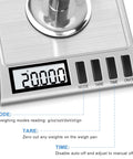 Digital Milligram Scale for ultra precise 50g capacity with 0.001g steps, spot on accuracy, tare function, auto off, six weighing units including g, oz, ozt, dwt, ct, gn, plus handy accessories for powder and lab use. stainless steel platform and digital display