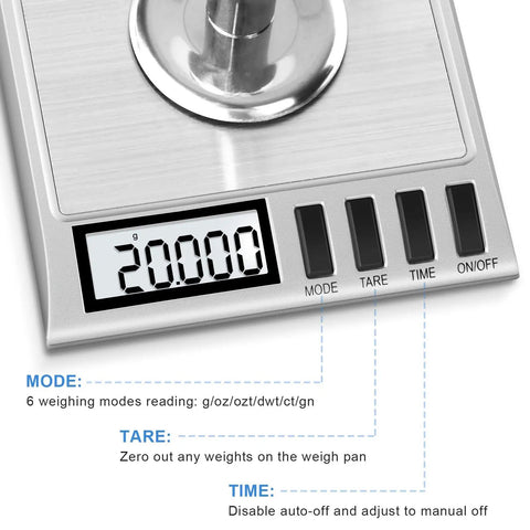 Digital Milligram Scale for ultra precise 50g capacity with 0.001g steps, spot on accuracy, tare function, auto off, six weighing units including g, oz, ozt, dwt, ct, gn, plus handy accessories for powder and lab use. stainless steel platform and digital display