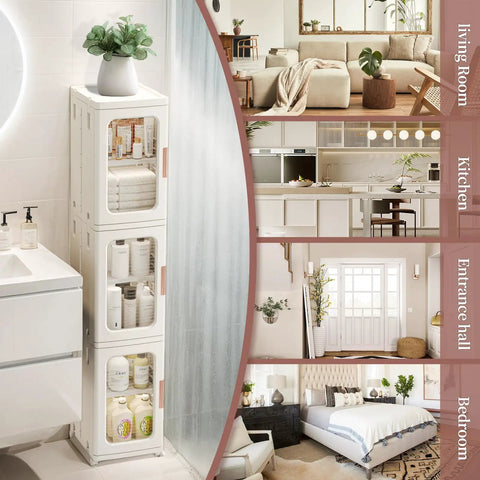 Space Saving Narrow Storage Cabinet With Doors And Adjustable Shelves, shown in white bathroom with toiletries and plants.