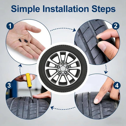 Simple installation steps of 70 Piece Tire Repair Kit With Dual Size Rubber Nails For Car Truck Motorcycle And Tractor Punctures DIY.