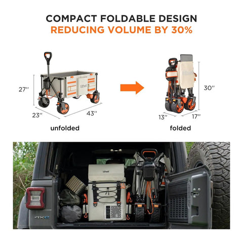 Beast Electric Utility Wagon Cart With 150L Capacity And 450 Lb Load shown unfolded and folded in vehicle.